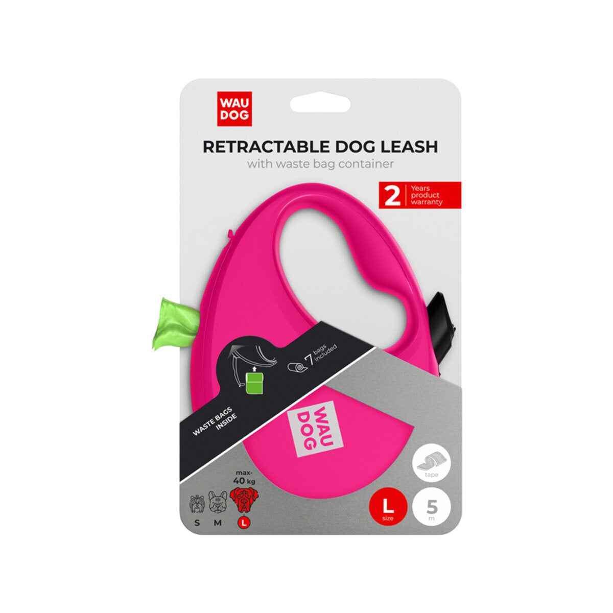 WAU DOG Flexline med poseholder - Pink
